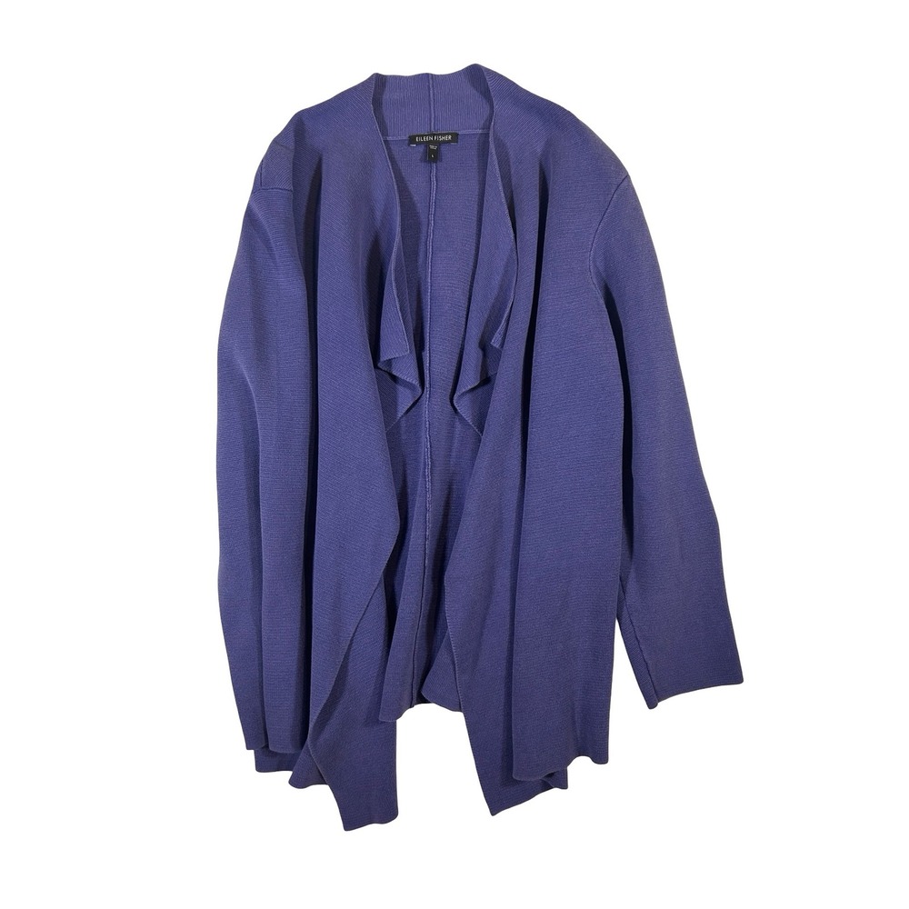 Eileen Fisher Purple Silk Cotton Ribbed Draped Open Front Cardigan Sweater Large